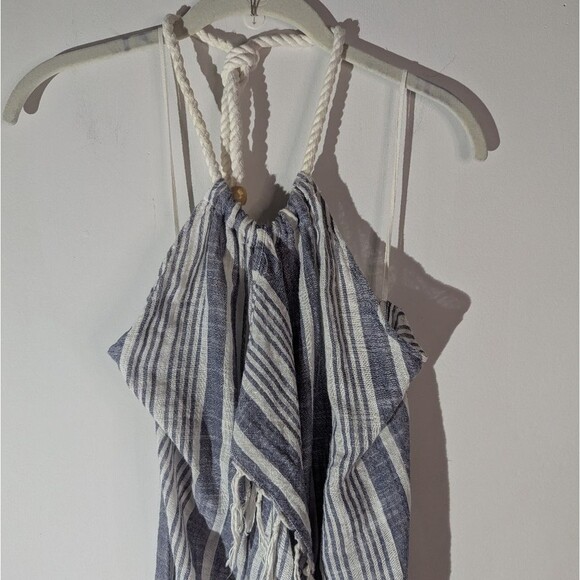 Aerie Blue Linen Blend Striped Halter Fringe Beachy Dress Size S/XS - Picture 3 of 6